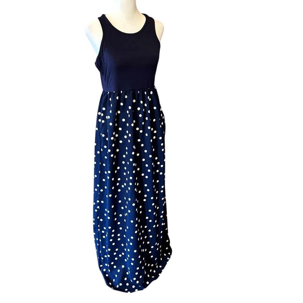 GRECERELLE Women's Sleeveless Racerback Maxi Dress NWT NAVY Polka‎ Dots M